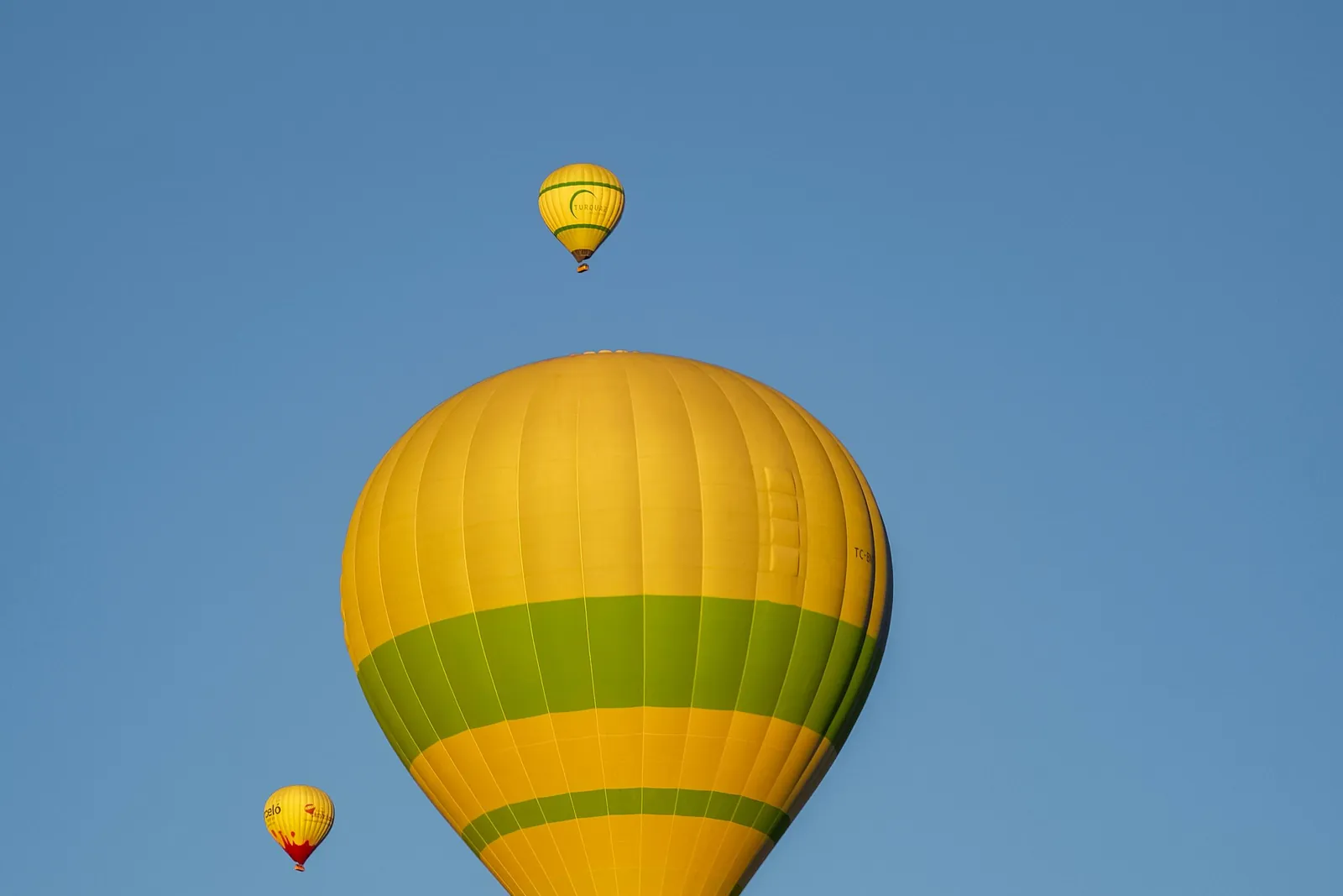 Une montgolfière jaune et verte et deux autres ballons flottent dans un ciel bleu.